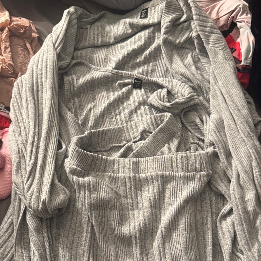 Gray Ribbed Knit Cardigan Set